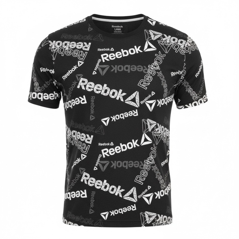 Reebok Mens Identity All Over Print Logo T Shirt Size L Black Crewneck S/S COOL
